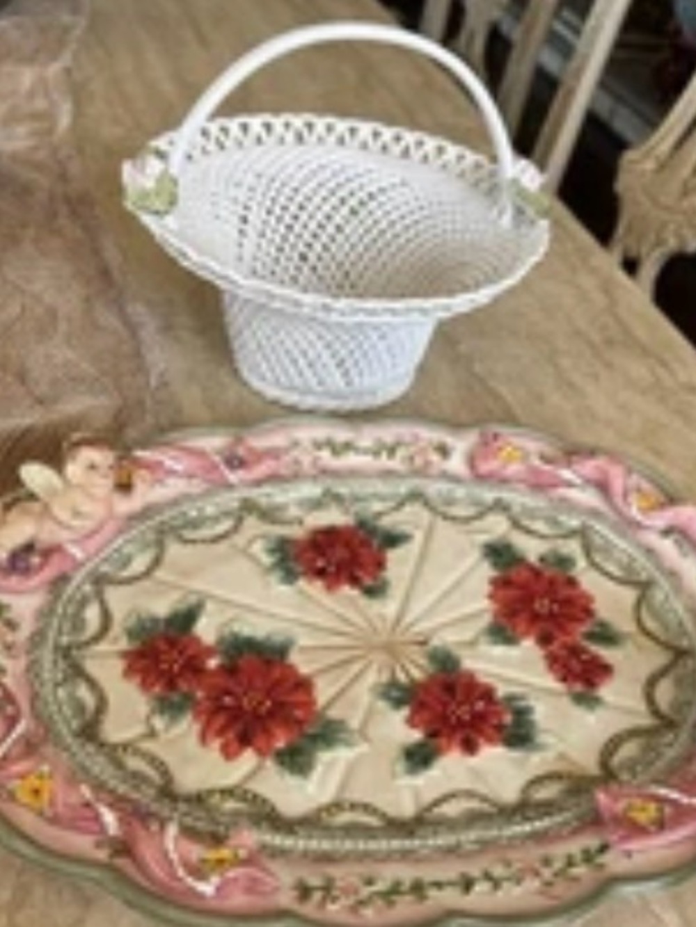 Decorative Ceramic Platter with Red Floral Design and signed basket